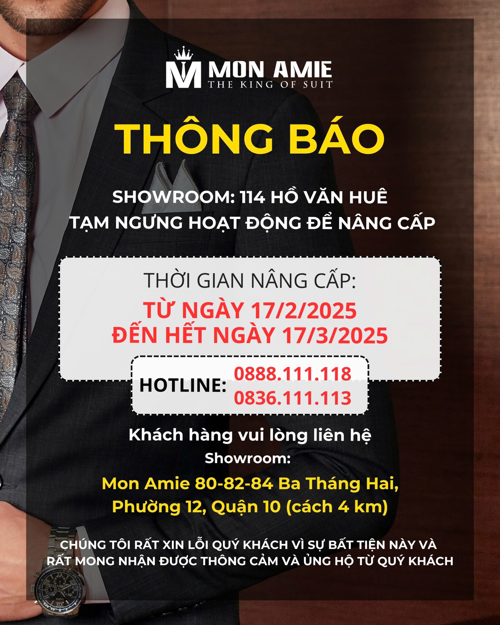 THÔNG BÁO - NÂNG CẤP SHOWROOM MON AMIE 114 HỒ VĂN HUÊ, PHÚ NHUẬN.